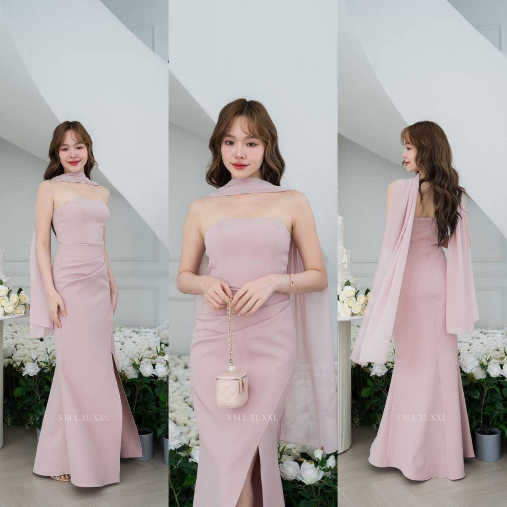 เดรสยาว ชุดราตรี Dress ออกงาน ชุดเดรส N302 เดรส ผ้าพันคอชีฟอง พร้อมส่ง S M L XL 2XL งานแต่งงาน Woman