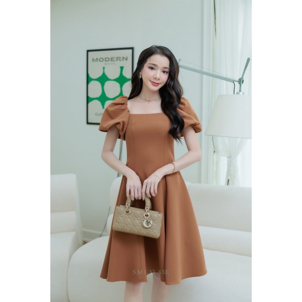 ชุดเดรส ชุดไปงานบวช เดรส Dress ออกงาน N002 แขนพอง สะโพกฟรี กระโปรงบาน แขนพอง เรียบร้อย ชุดคุณหนู