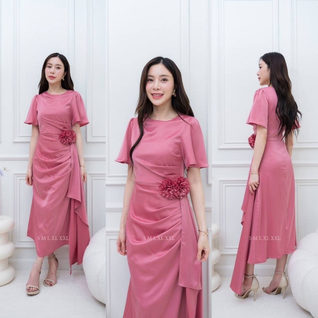 เดรสยาว ชุดออกงาน ชุดราตรี NP039 ผ้าเครปซาติน คอกลม สไบข้างกระโปรง ซับใน ซิปหลัง ผู้หญิง Dress