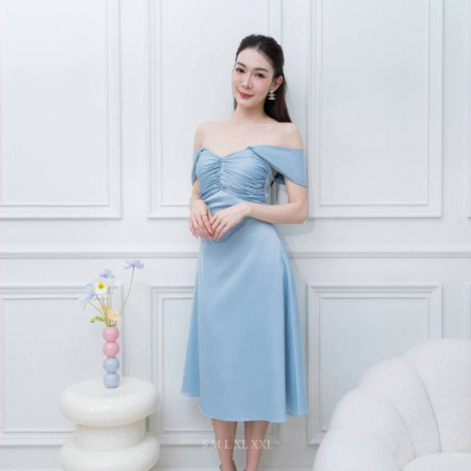 ชุดไปงานแต่ง เรียบหรู ดูแพง ชุดราตรี N001 ผ้าเครปซาติน ใส่ได้ 2 แบบ คลุมไหล่ เปิดไหล่ Woman Dress ซาติน เสื้อผ้า ผู้หญิง