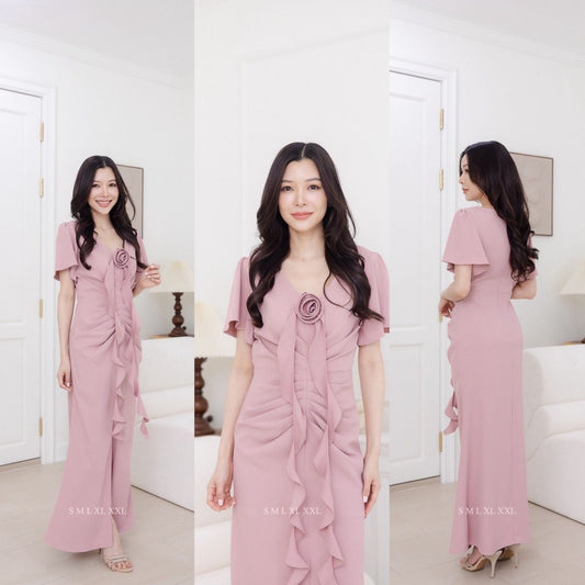 เดรสยาว ชุดเดรส ชุดราตรียาว ชุดออกงาน NP060 แขนสั้น คอวี จีบพรางหน้าท้อง ดอกไม้ ชุดราตรี Woman Dress