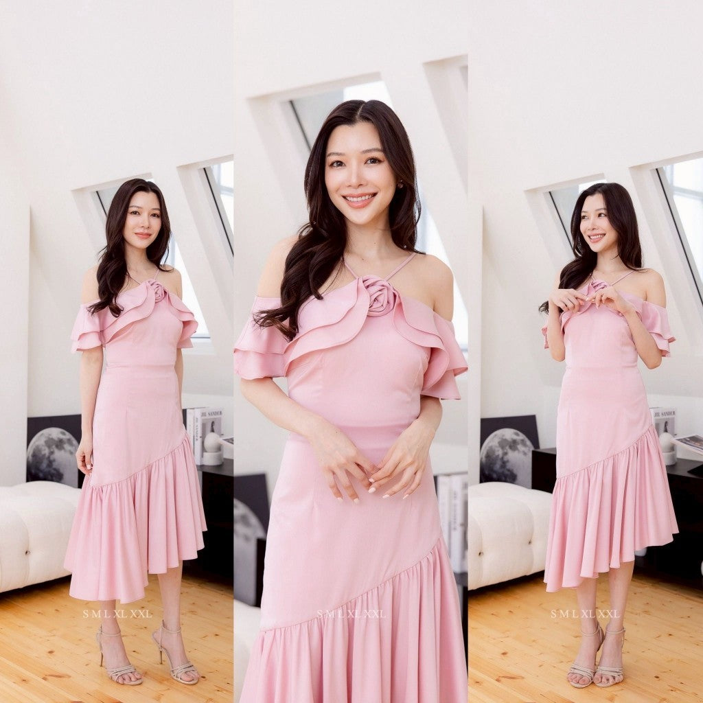 เดรสยาว ชุดออกงาน ชุดราตรียาว NYRA พรีเมี่ยม สายเดี่ยว ระบายอก ปิดแขน ซับใน ซิปหลัง ผู้หญิง Dress