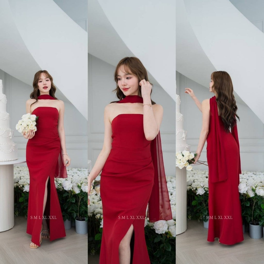 เดรสยาว ชุดราตรี Dress ออกงาน ชุดเดรส N302 เดรส ผ้าพันคอชีฟอง พร้อมส่ง S M L XL 2XL งานแต่งงาน Woman