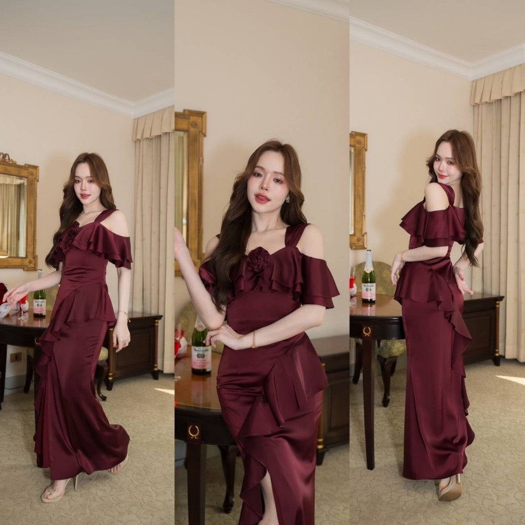 เดรสยาว ชุดออกงาน ชุดราตรียาว Luxury พรีเมี่ยม ระบาย 2 ชั้น อ้อมแขน เสื้อผ้า ผู้หญิง Dress Woman