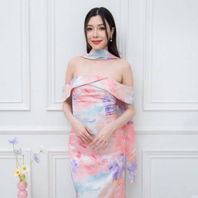 เดรสยาว ชุดราตรี Dress ออกงาน ชุดเดรส N297 ผ้าเครปซาตินพิมลาย เกาะอกอ้อมแขน ซับใน ซิปหลัง ผู้หญิง