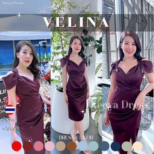 เดรสสั้น ชุดออกงาน ชุดราตรี เดรส VELINA ซาติน พรีเมี่ยม แขนผูก พรางท้อง ชุดขายดี Lady Woman Dress