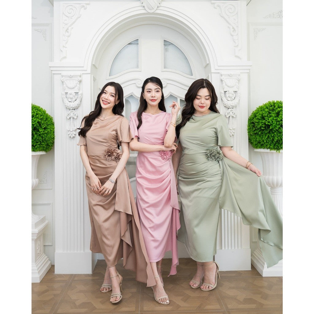 เดรสยาว ชุดออกงาน ชุดราตรี NP039 ผ้าเครปซาติน คอกลม สไบข้างกระโปรง ซับใน ซิปหลัง ผู้หญิง Dress