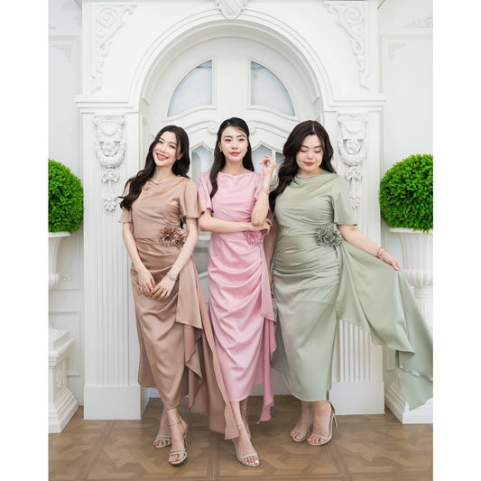 เดรสยาว ชุดออกงาน ชุดราตรี NP039 ผ้าเครปซาติน คอกลม สไบข้างกระโปรง ซับใน ซิปหลัง ผู้หญิง Dress