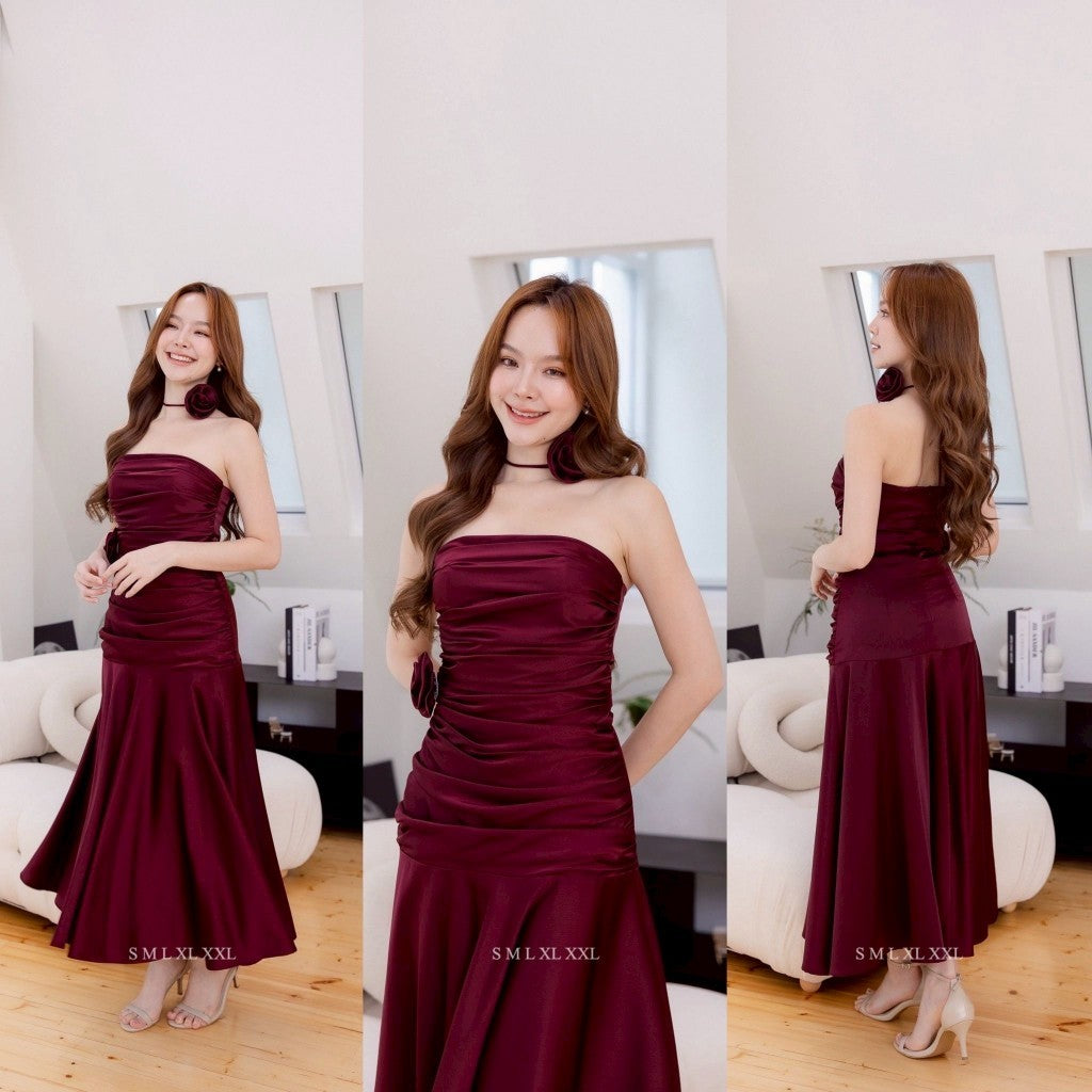 เดรสยาว ชุดออกงาน ชุดราตรียาว LUXE พรีเมี่ยม เกาะอก เปิดไหล่ กระโปรงจีบ ซับใน ซิปหลัง ผู้หญิง Dress