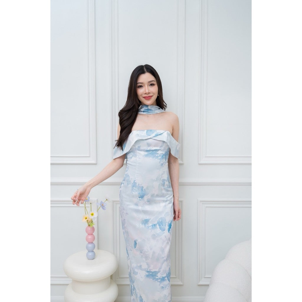 เดรสยาว ชุดราตรี Dress ออกงาน ชุดเดรส N297 ผ้าเครปซาตินพิมลาย เกาะอกอ้อมแขน ซับใน ซิปหลัง ผู้หญิง