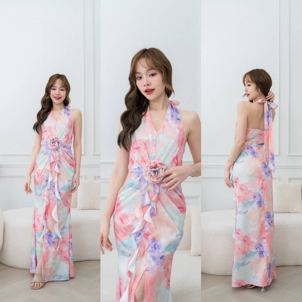 เดรส ชุดเดรส เดรสยาว ชุดราตรี เดรสออกงาน N303 ผ้าพิมพ์ลาย ชุดราตรียาว คล้องคอ ผูกหลัง พร้อมส่ง Woman