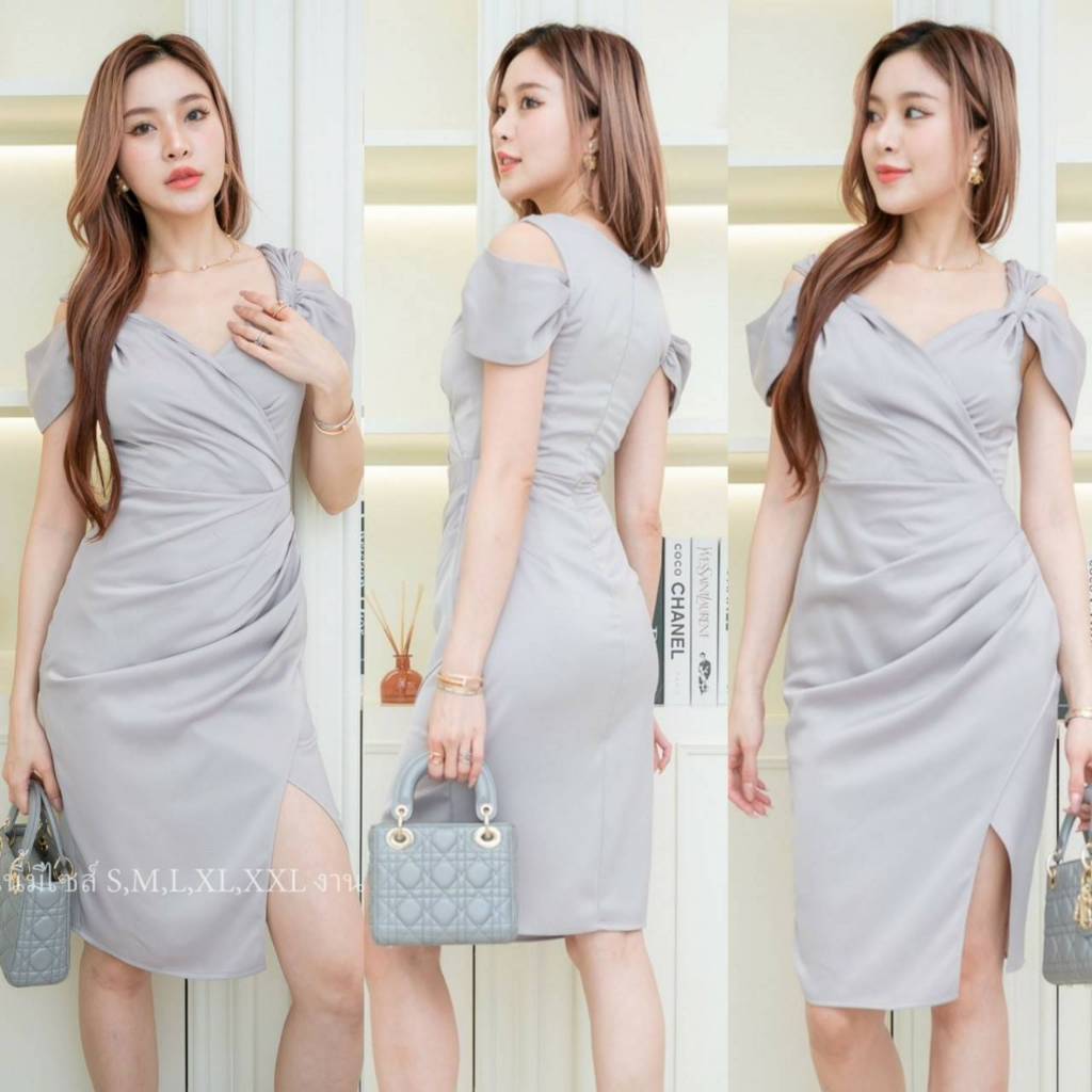เดรสสั้น ชุดออกงาน ชุดราตรี เดรส VELINA ซาติน พรีเมี่ยม แขนผูก พรางท้อง ชุดขายดี Lady Woman Dress