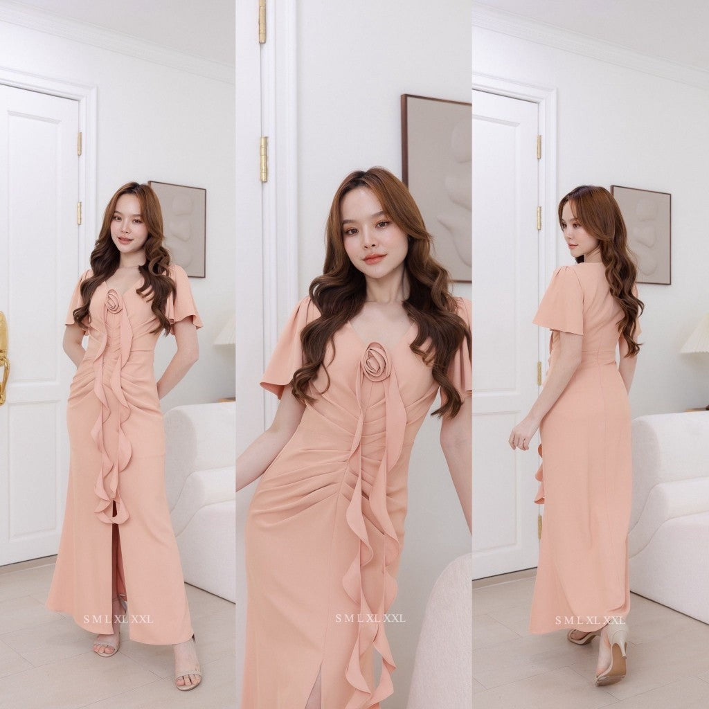 เดรสยาว ชุดเดรส ชุดราตรียาว ชุดออกงาน NP060 แขนสั้น คอวี จีบพรางหน้าท้อง ดอกไม้ ชุดราตรี Woman Dress