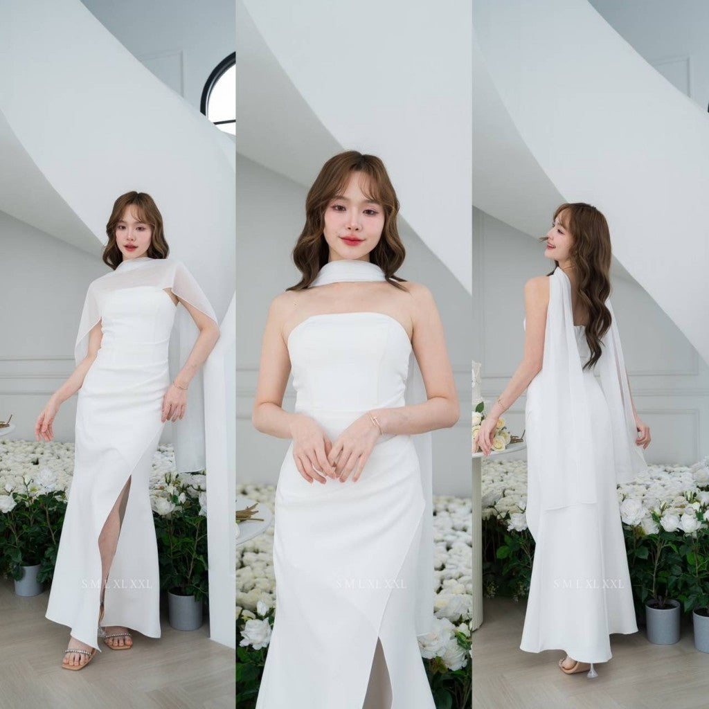 เดรสยาว ชุดราตรี Dress ออกงาน ชุดเดรส N302 เดรส ผ้าพันคอชีฟอง พร้อมส่ง S M L XL 2XL งานแต่งงาน Woman