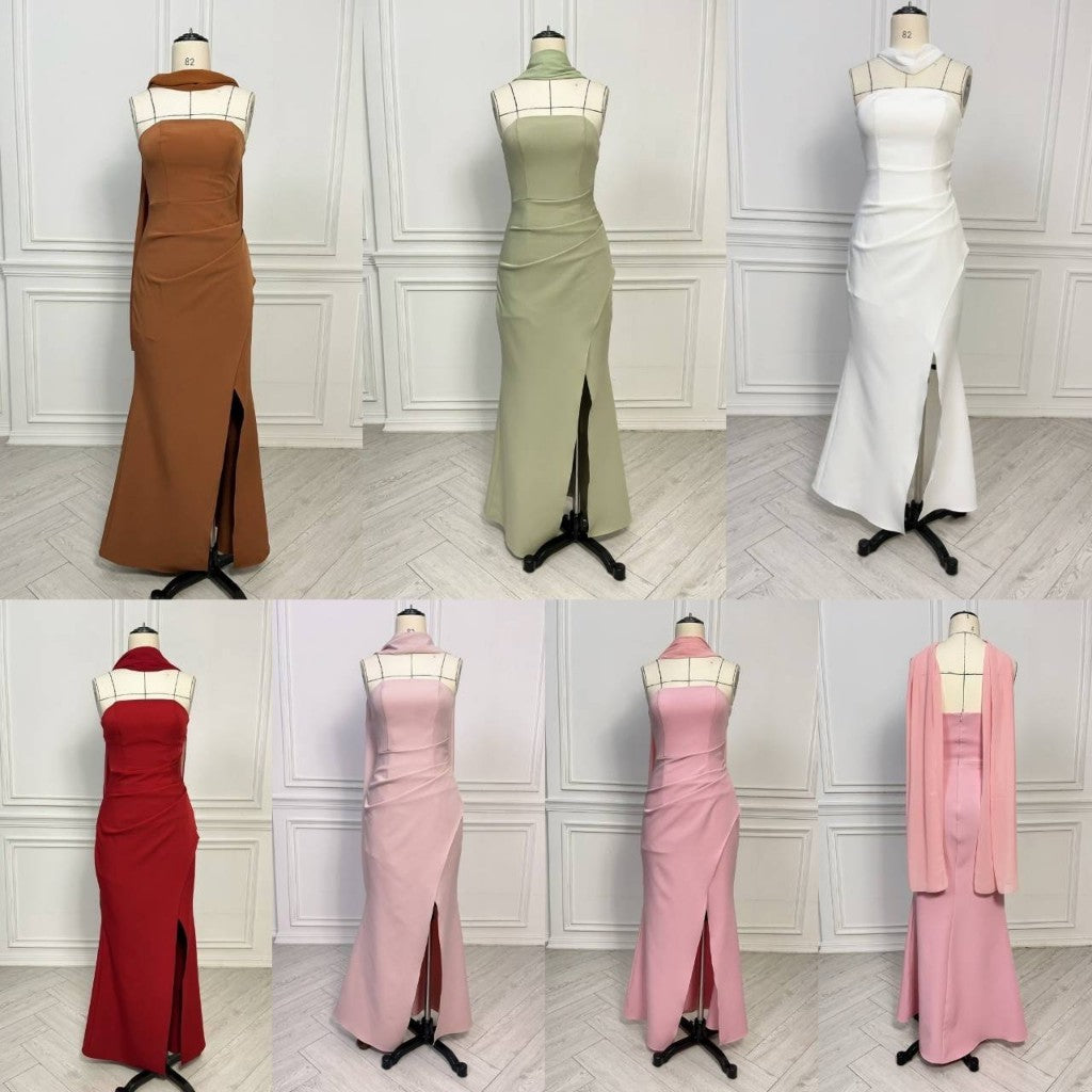 เดรสยาว ชุดราตรี Dress ออกงาน ชุดเดรส N302 เดรส ผ้าพันคอชีฟอง พร้อมส่ง S M L XL 2XL งานแต่งงาน Woman