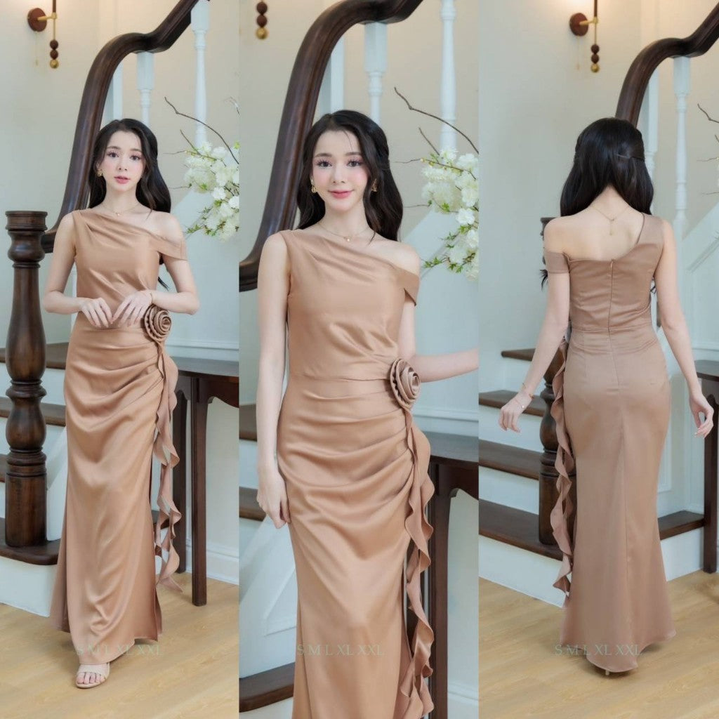 เดรสยาว ชุดออกงาน ชุดราตรียาว เดรสหรู ผ้าเครปซาติน มีดอกไม้ ชุดราตรี NP054 เดรส พร้อมส่ง Woman Dress