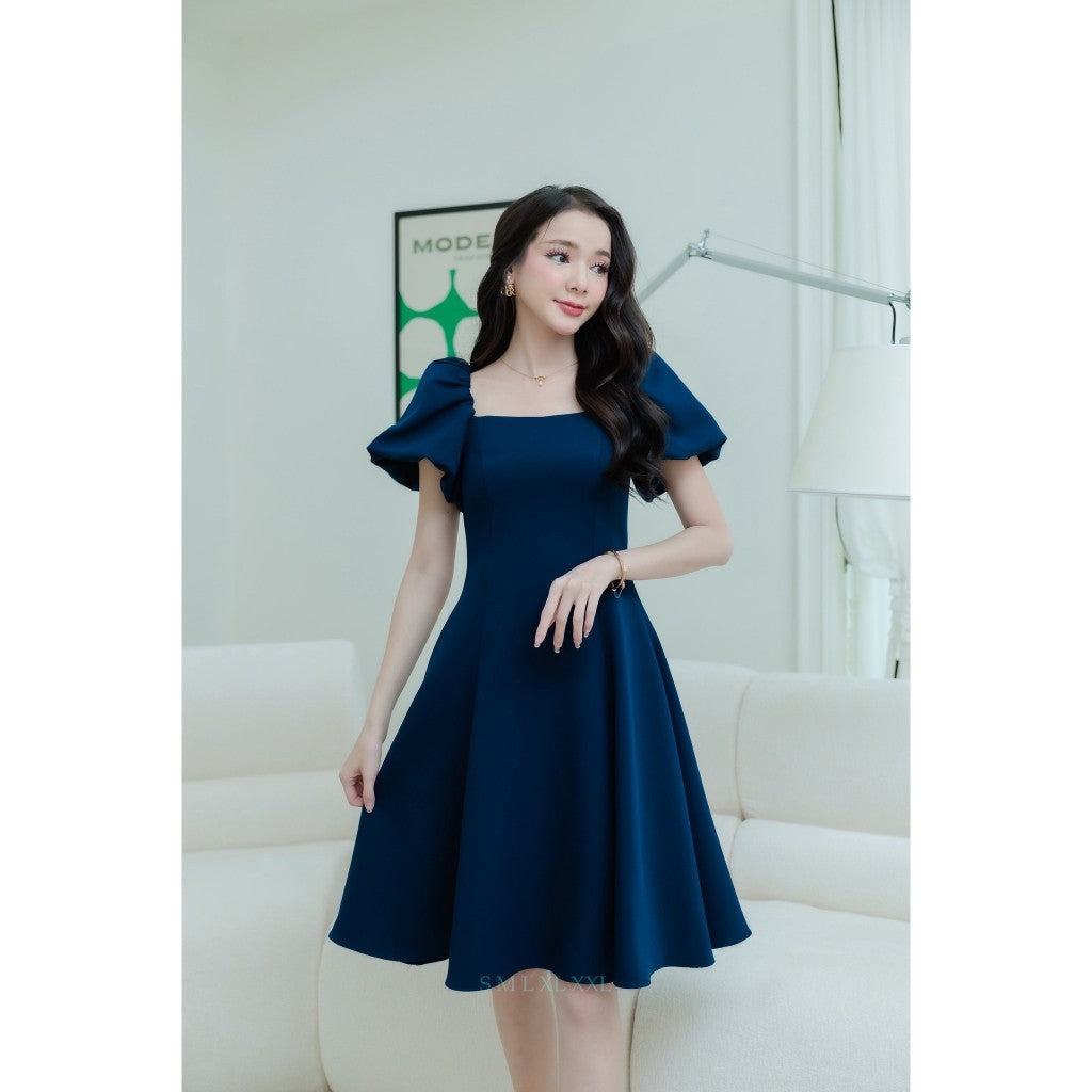 ชุดเดรส ชุดไปงานบวช เดรส Dress ออกงาน N002 แขนพอง สะโพกฟรี กระโปรงบาน แขนพอง เรียบร้อย ชุดคุณหนู
