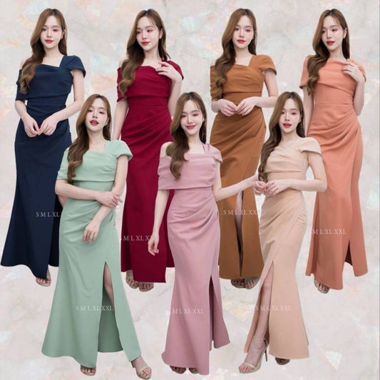 เดรสยาว ชุดเดรส ชุดราตรี ชุดออกงาน NX273 เกาะอก ระบาย ปาดไหล่2ข้าง งานแต่งงาน ชุดราตรี Woman Dress