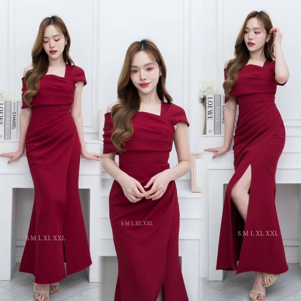เดรสยาว ชุดเดรส ชุดราตรี ชุดออกงาน NX273 เกาะอก ระบาย ปาดไหล่2ข้าง งานแต่งงาน ชุดราตรี Woman Dress