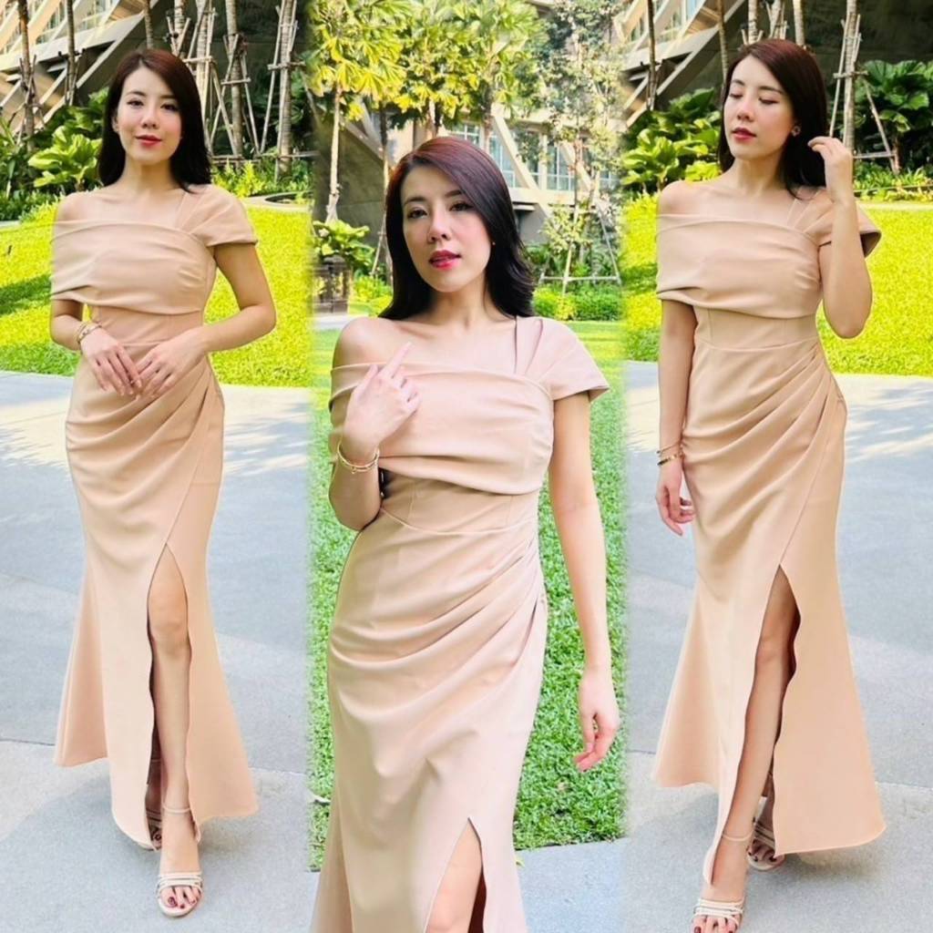 เดรสยาว ชุดเดรส ชุดราตรี ชุดออกงาน NX273 เกาะอก ระบาย ปาดไหล่2ข้าง งานแต่งงาน ชุดราตรี Woman Dress