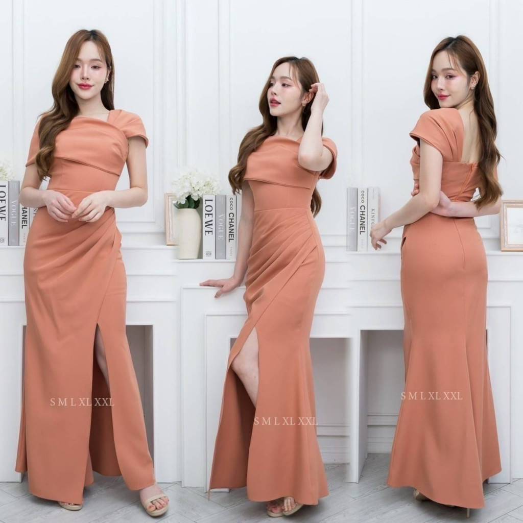 เดรสยาว ชุดเดรส ชุดราตรี ชุดออกงาน NX273 เกาะอก ระบาย ปาดไหล่2ข้าง งานแต่งงาน ชุดราตรี Woman Dress