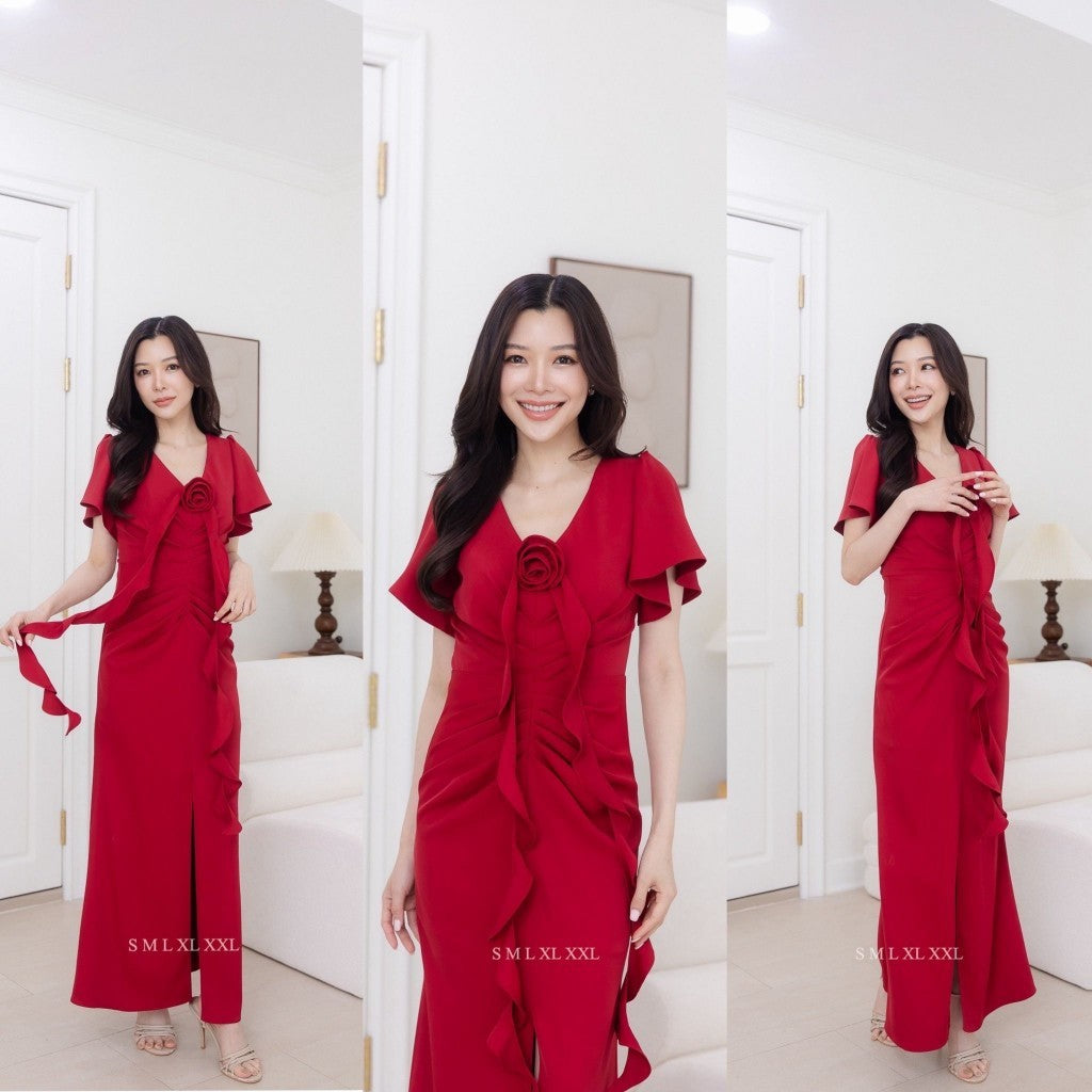 เดรสยาว ชุดเดรส ชุดราตรียาว ชุดออกงาน NP060 แขนสั้น คอวี จีบพรางหน้าท้อง ดอกไม้ ชุดราตรี Woman Dress
