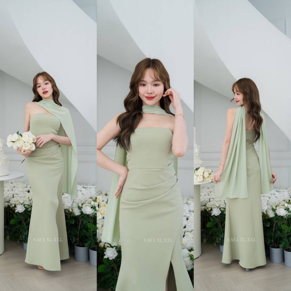 เดรสยาว ชุดราตรี Dress ออกงาน ชุดเดรส N302 เดรส ผ้าพันคอชีฟอง พร้อมส่ง S M L XL 2XL งานแต่งงาน Woman
