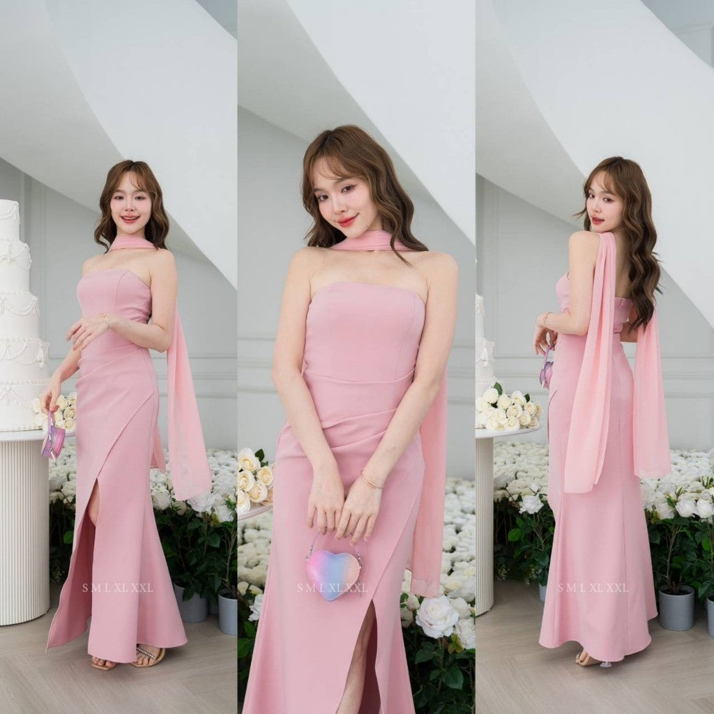 เดรสยาว ชุดราตรี Dress ออกงาน ชุดเดรส N302 เดรส ผ้าพันคอชีฟอง พร้อมส่ง S M L XL 2XL งานแต่งงาน Woman