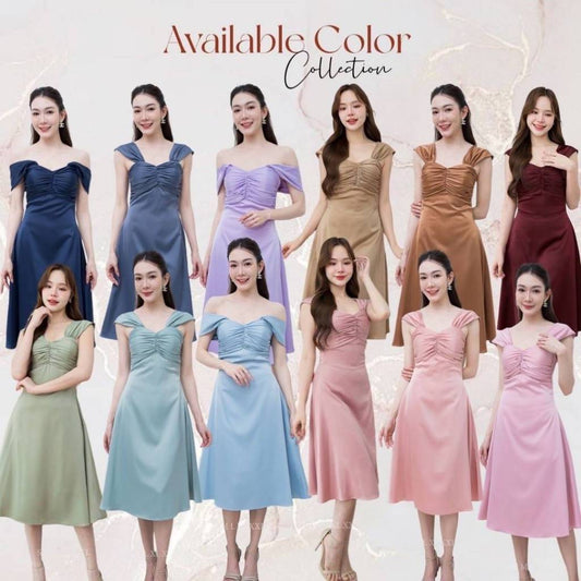 ชุดไปงานแต่ง เรียบหรู ดูแพง ชุดราตรี N001 ผ้าเครปซาติน ใส่ได้ 2 แบบ คลุมไหล่ เปิดไหล่ Woman Dress ซาติน เสื้อผ้า ผู้หญิง