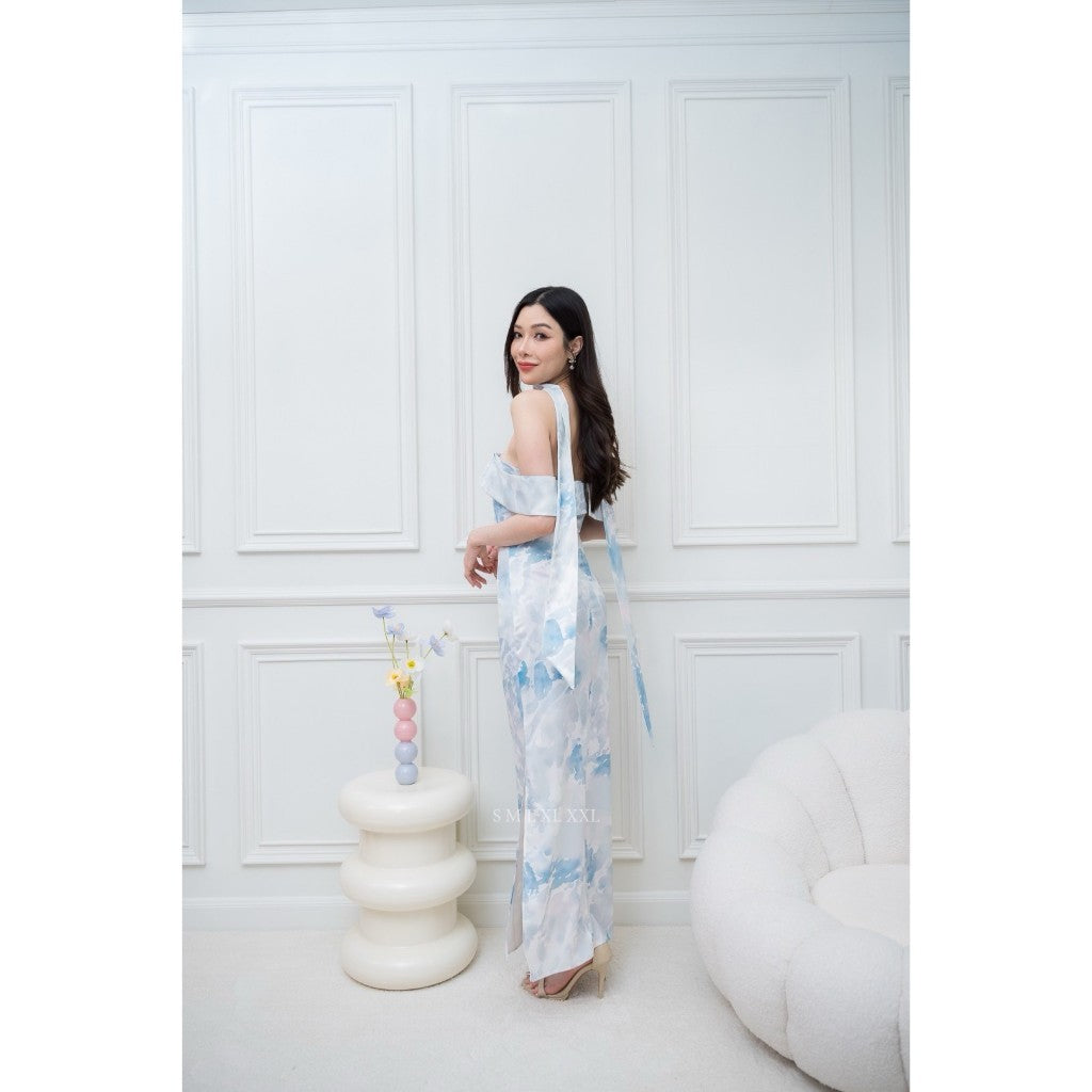 เดรสยาว ชุดราตรี Dress ออกงาน ชุดเดรส N297 ผ้าเครปซาตินพิมลาย เกาะอกอ้อมแขน ซับใน ซิปหลัง ผู้หญิง