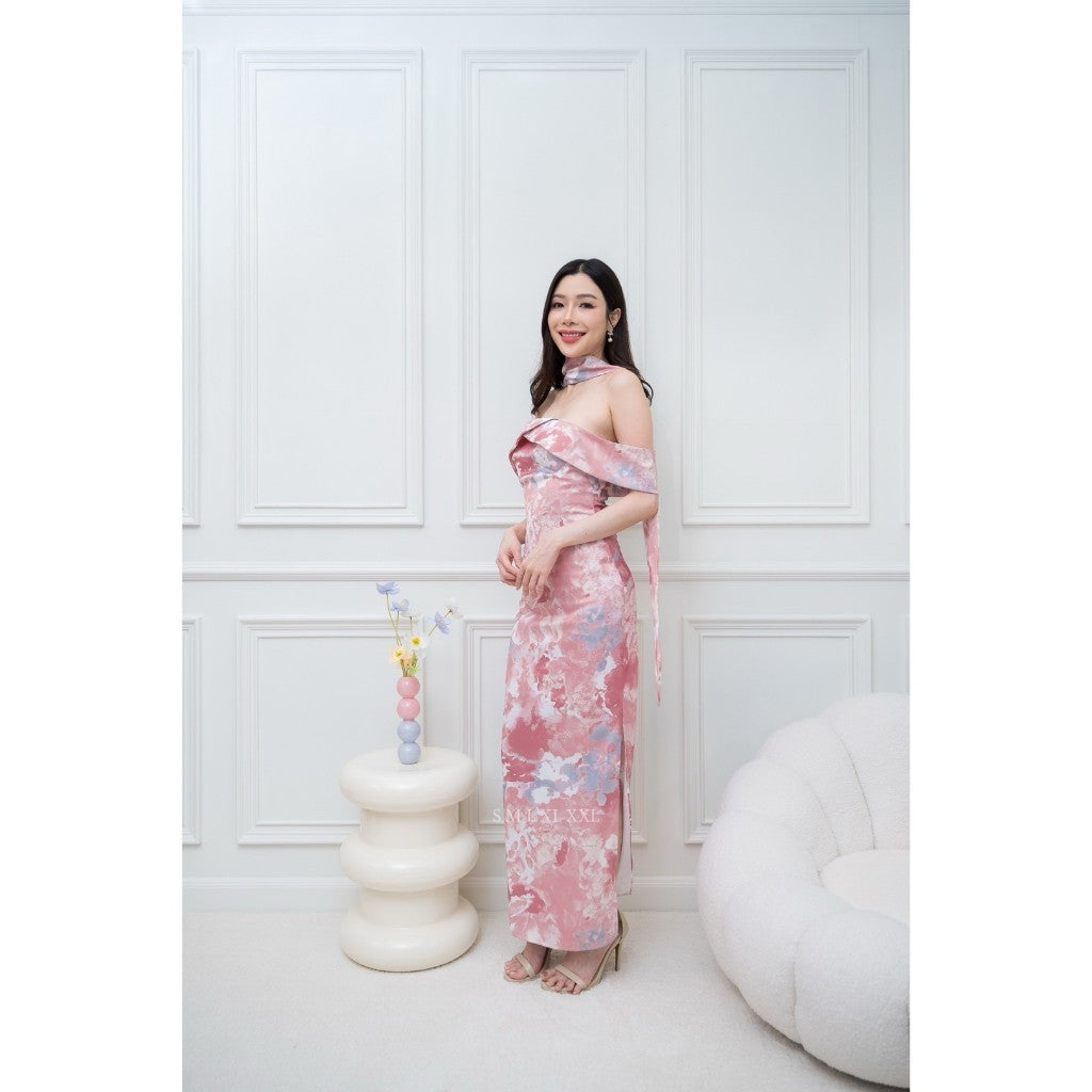 เดรสยาว ชุดราตรี Dress ออกงาน ชุดเดรส N297 ผ้าเครปซาตินพิมลาย เกาะอกอ้อมแขน ซับใน ซิปหลัง ผู้หญิง