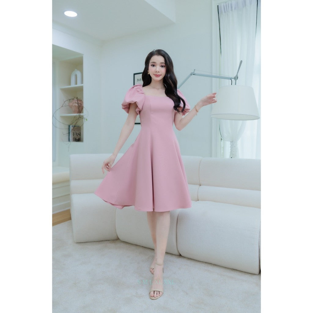 ชุดเดรส ชุดไปงานบวช เดรส Dress ออกงาน N002 แขนพอง สะโพกฟรี กระโปรงบาน แขนพอง เรียบร้อย ชุดคุณหนู