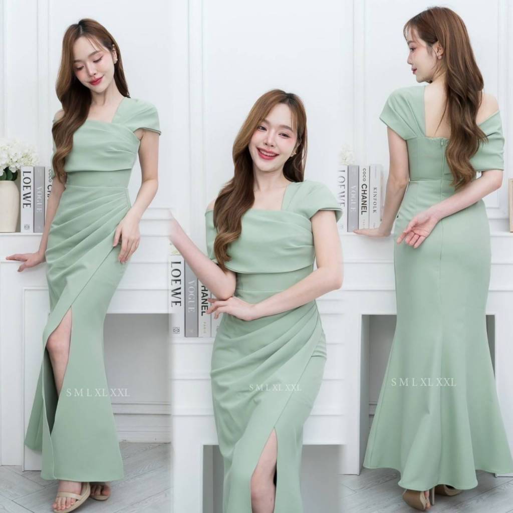 เดรสยาว ชุดเดรส ชุดราตรี ชุดออกงาน NX273 เกาะอก ระบาย ปาดไหล่2ข้าง งานแต่งงาน ชุดราตรี Woman Dress