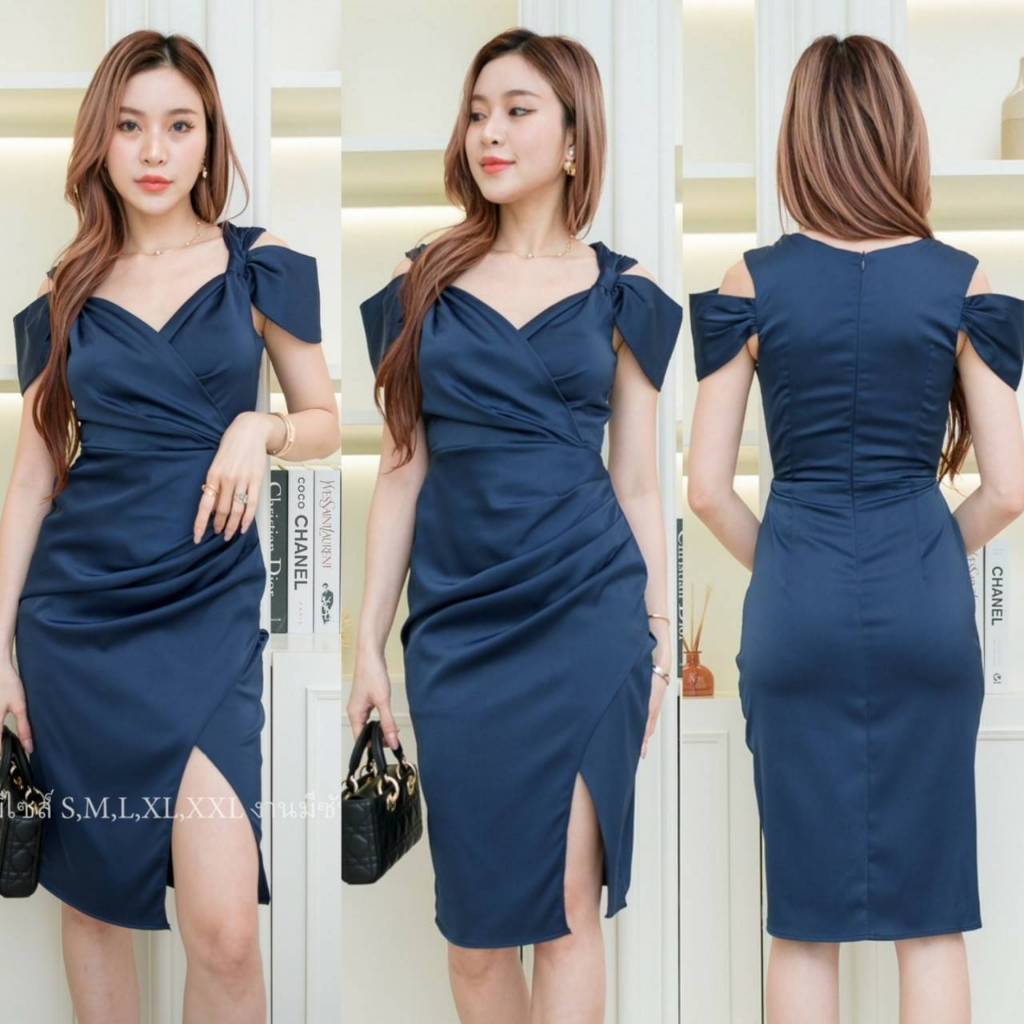 เดรสสั้น ชุดออกงาน ชุดราตรี เดรส VELINA ซาติน พรีเมี่ยม แขนผูก พรางท้อง ชุดขายดี Lady Woman Dress
