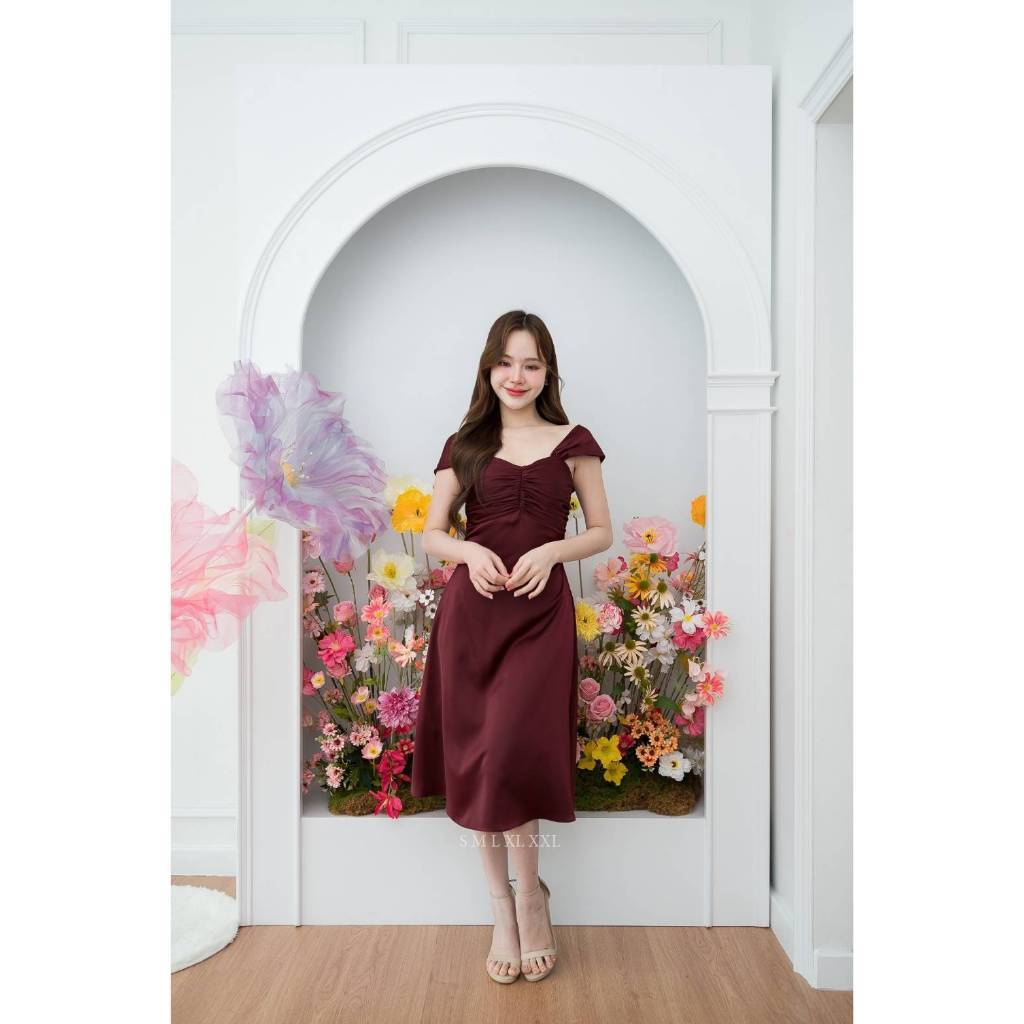 ชุดไปงานแต่ง เรียบหรู ดูแพง ชุดราตรี N001 ผ้าเครปซาติน ใส่ได้ 2 แบบ คลุมไหล่ เปิดไหล่ Woman Dress ซาติน เสื้อผ้า ผู้หญิง