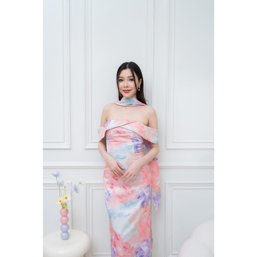 เดรสยาว ชุดราตรี Dress ออกงาน ชุดเดรส N297 ผ้าเครปซาตินพิมลาย เกาะอกอ้อมแขน ซับใน ซิปหลัง ผู้หญิง