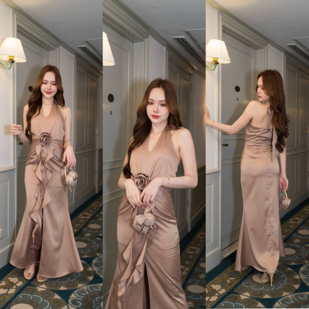 เดรสยาว ชุดออกงาน ชุดราตรียาว เดรส Stunning คล้องคอ ผูกด้านหลัง ชุดเดรส พร้อมส่ง ผู้หญิง Dress Woman