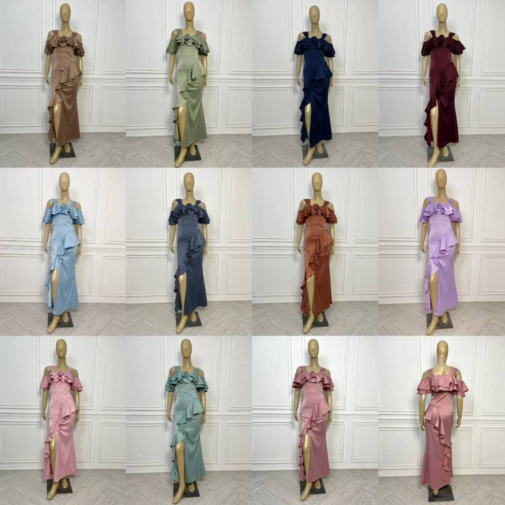 เดรสยาว ชุดออกงาน ชุดราตรียาว Luxury พรีเมี่ยม ระบาย 2 ชั้น อ้อมแขน เสื้อผ้า ผู้หญิง Dress Woman