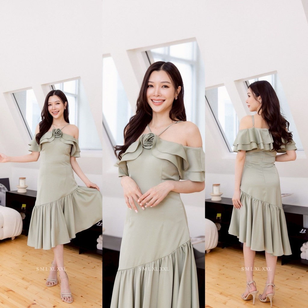 เดรสยาว ชุดออกงาน ชุดราตรียาว NYRA พรีเมี่ยม สายเดี่ยว ระบายอก ปิดแขน ซับใน ซิปหลัง ผู้หญิง Dress