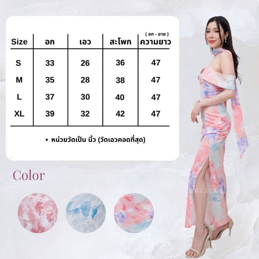 เดรสยาว ชุดราตรี Dress ออกงาน ชุดเดรส N297 ผ้าเครปซาตินพิมลาย เกาะอกอ้อมแขน ซับใน ซิปหลัง ผู้หญิง