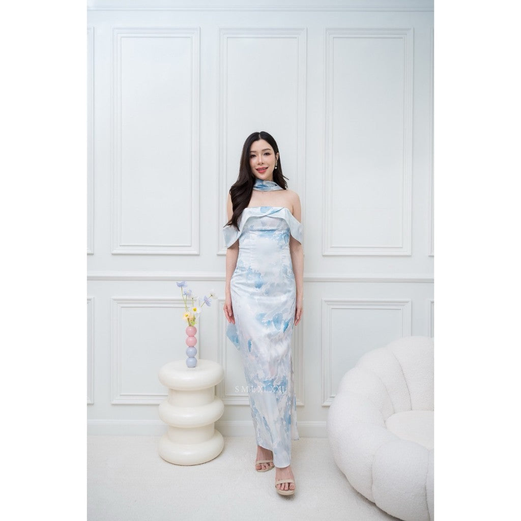 เดรสยาว ชุดราตรี Dress ออกงาน ชุดเดรส N297 ผ้าเครปซาตินพิมลาย เกาะอกอ้อมแขน ซับใน ซิปหลัง ผู้หญิง
