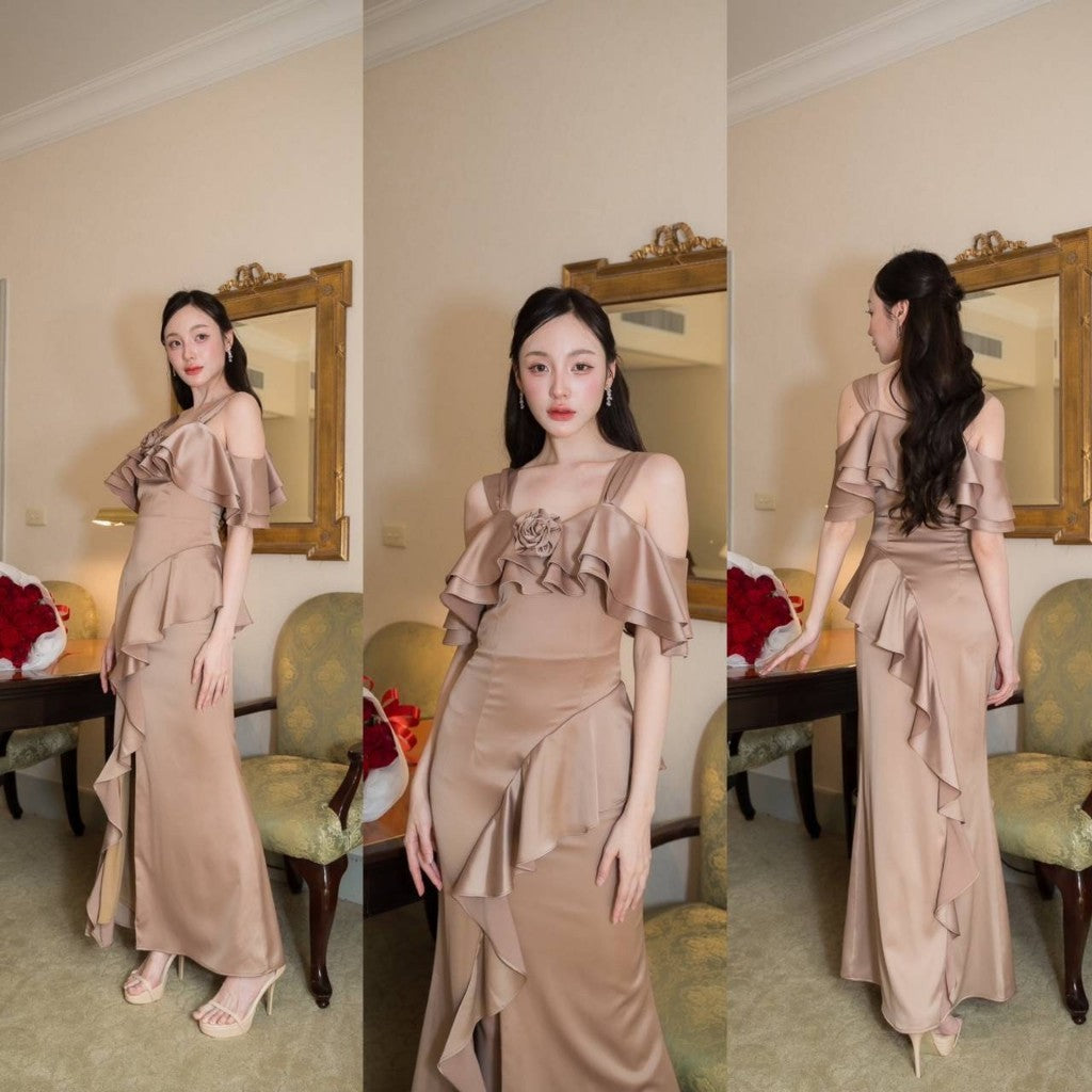 เดรสยาว ชุดออกงาน ชุดราตรียาว Luxury พรีเมี่ยม ระบาย 2 ชั้น อ้อมแขน เสื้อผ้า ผู้หญิง Dress Woman