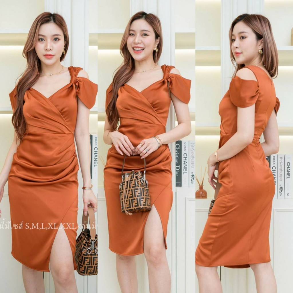 เดรสสั้น ชุดออกงาน ชุดราตรี เดรส VELINA ซาติน พรีเมี่ยม แขนผูก พรางท้อง ชุดขายดี Lady Woman Dress