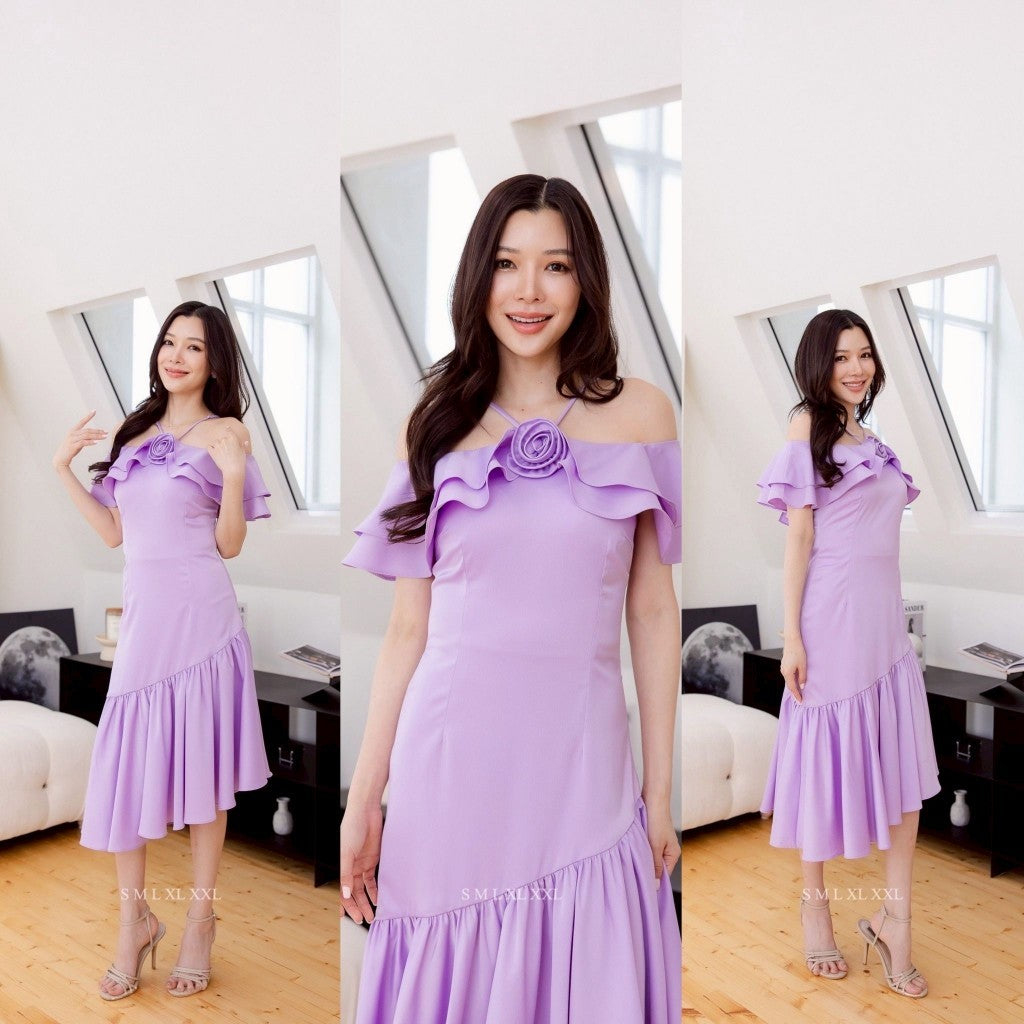 เดรสยาว ชุดออกงาน ชุดราตรียาว NYRA พรีเมี่ยม สายเดี่ยว ระบายอก ปิดแขน ซับใน ซิปหลัง ผู้หญิง Dress