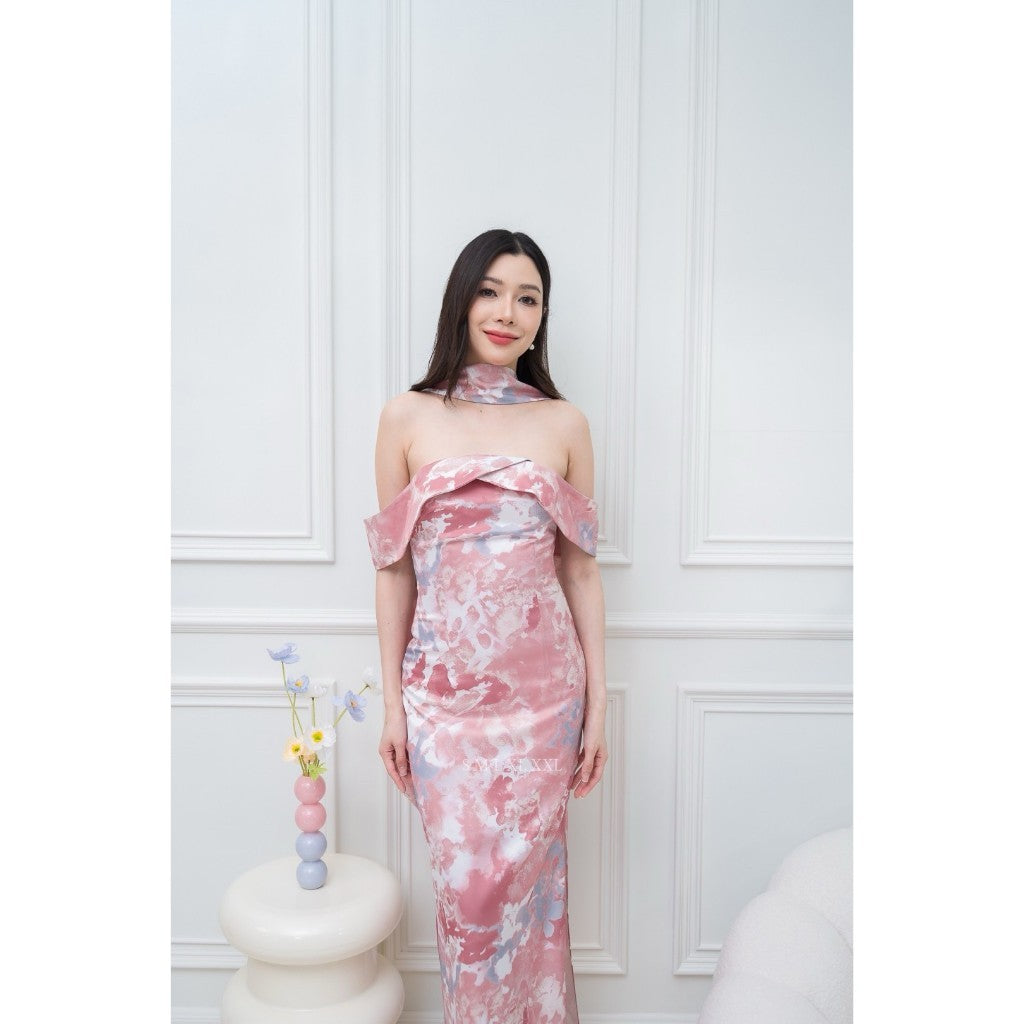 เดรสยาว ชุดราตรี Dress ออกงาน ชุดเดรส N297 ผ้าเครปซาตินพิมลาย เกาะอกอ้อมแขน ซับใน ซิปหลัง ผู้หญิง
