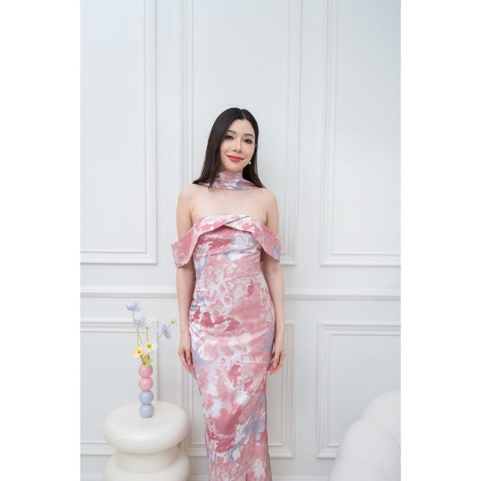 เดรสยาว ชุดราตรี Dress ออกงาน ชุดเดรส N297 ผ้าเครปซาตินพิมลาย เกาะอกอ้อมแขน ซับใน ซิปหลัง ผู้หญิง