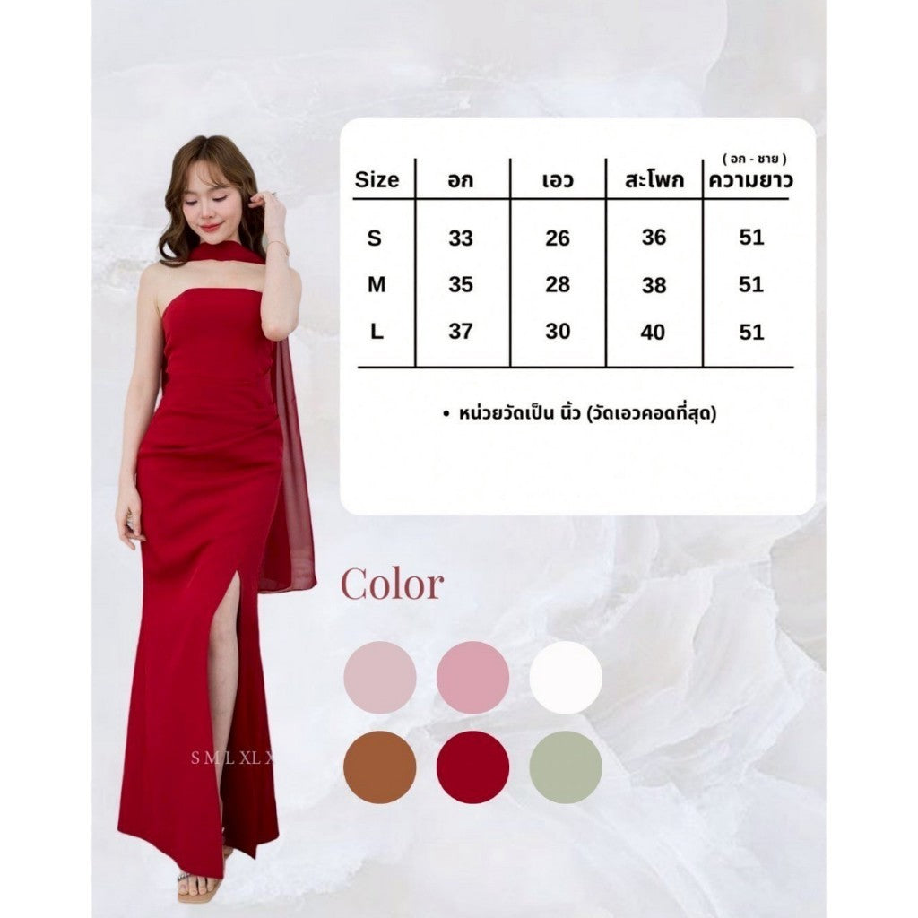 เดรสยาว ชุดราตรี Dress ออกงาน ชุดเดรส N302 เดรส ผ้าพันคอชีฟอง พร้อมส่ง S M L XL 2XL งานแต่งงาน Woman