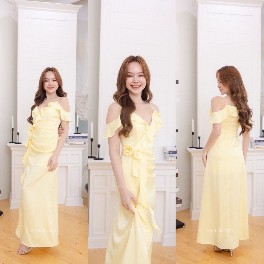 เดรสยาว ชุดเดรส ชุดราตรียาว ชุดออกงาน NP059 สายเดี่ยว เปิดไหล่ มีระบาย ดอกไม้ ชุดราตรี Woman Dress