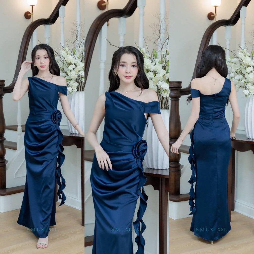 เดรสยาว ชุดออกงาน ชุดราตรียาว เดรสหรู ผ้าเครปซาติน มีดอกไม้ ชุดราตรี NP054 เดรส พร้อมส่ง Woman Dress