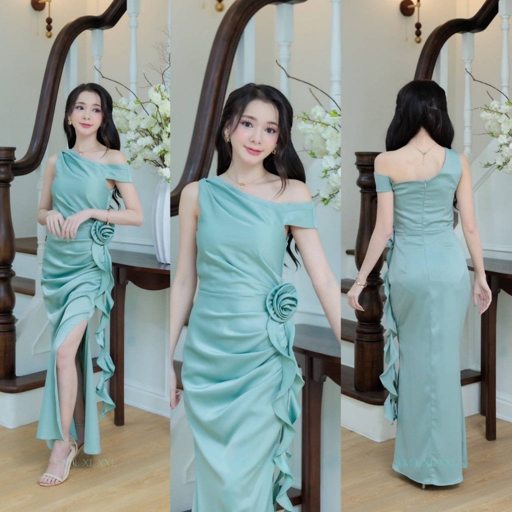 เดรสยาว ชุดออกงาน ชุดราตรียาว เดรสหรู ผ้าเครปซาติน มีดอกไม้ ชุดราตรี NP054 เดรส พร้อมส่ง Woman Dress